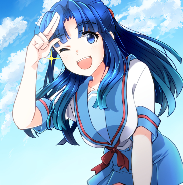 1girl, asakura_ryouko, blue_eyes, blue_hair, long_hair, nao_(doublexdutch), one_eye_closed, salute