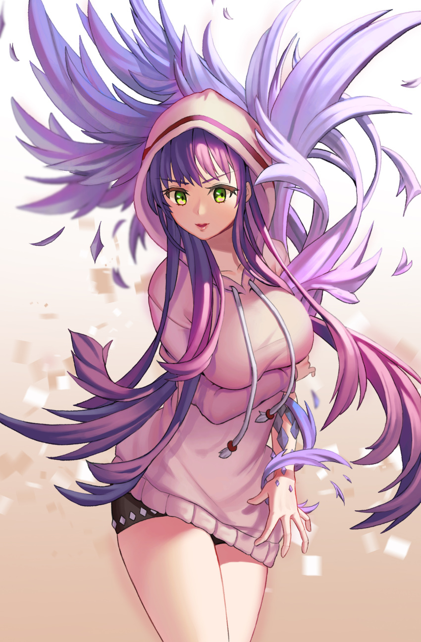 1girl, :d, absurdres, bangs, beige_background, blue_hair, breast_hold, breasts, collarbone, cowboy_shot, doyoom, gradient, gradient_background, gradient_hair, green_eyes, highres, hood, hoodie, large_breasts, legs_together, long_hair, long_sleeves, looking_at_viewer, motion_blur, multicolored_hair, open_mouth, original, pink_hair, pink_lips, purple_hair, scales, shorts, smile, solo, very_long_hair