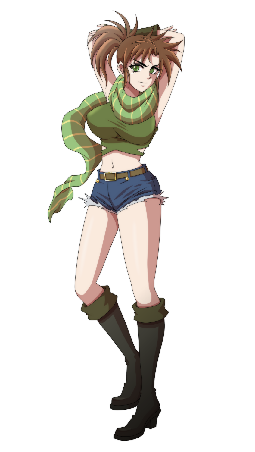 1girl, arms_behind_head, black_boots, boots, breasts, brown_hair, crop_top, fingerless_gloves, full_body, genderswap, gloves, green_eyes, high_heel_boots, high_heels, highres, jojo_no_kimyou_na_bouken, joseph_joestar_(young), knee_boots, large_breasts, midriff, navel, ponytail, scarf, short_shorts, shorts, solo, striped, striped_scarf, torn_shorts, umino_mo_kuzu