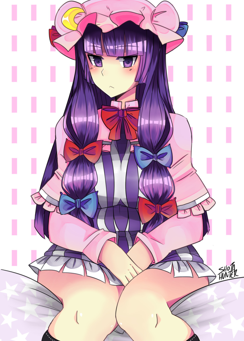 1girl, crescent, crescent_hair_ornament, hair_ornament, hair_ribbon, hat, highres, long_hair