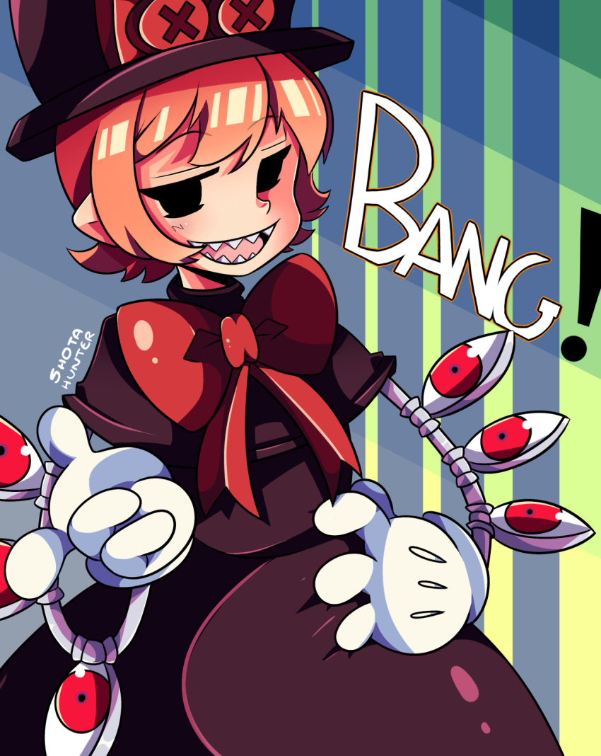 dress, gloves, hat, highres, looking_at_viewer, mechanical_arms, orange_hair, peacock_(skullgirls), red_eyes, ribbon, sharp_teeth, short_hair, shotahunter, skullgirls, smile, solo, top_hat, white_gloves