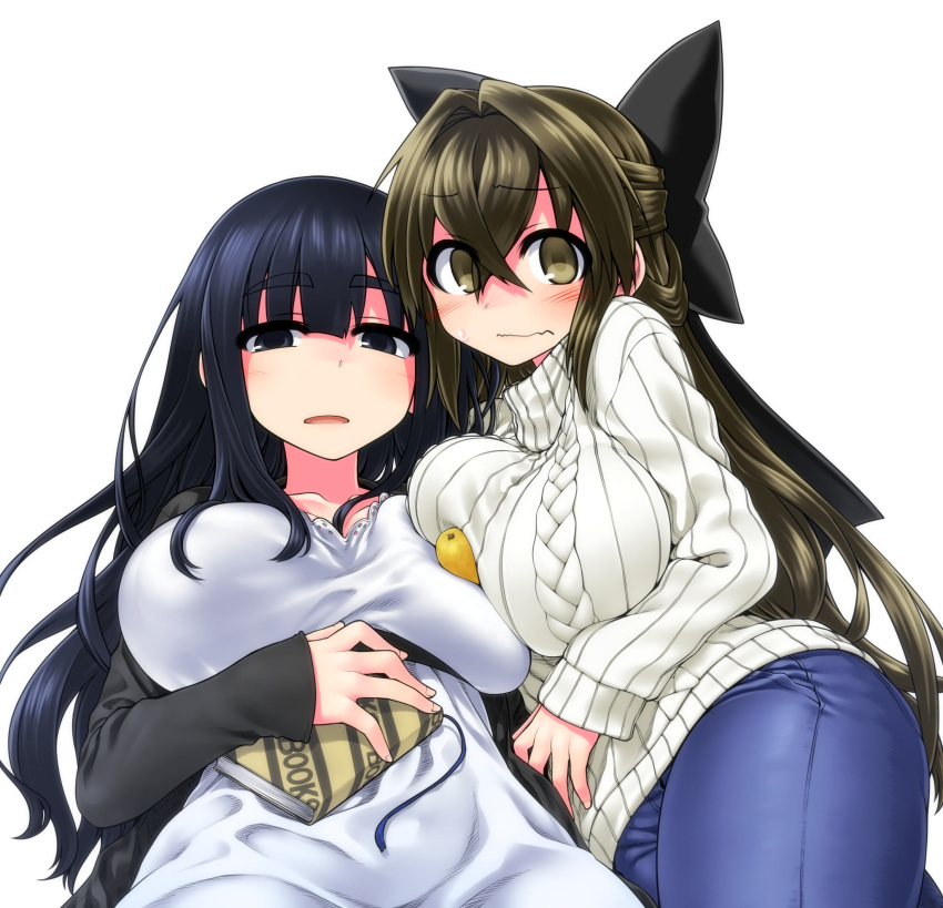 2girls, bangs, black_bow, black_eyes, black_hair, blush, book, bow