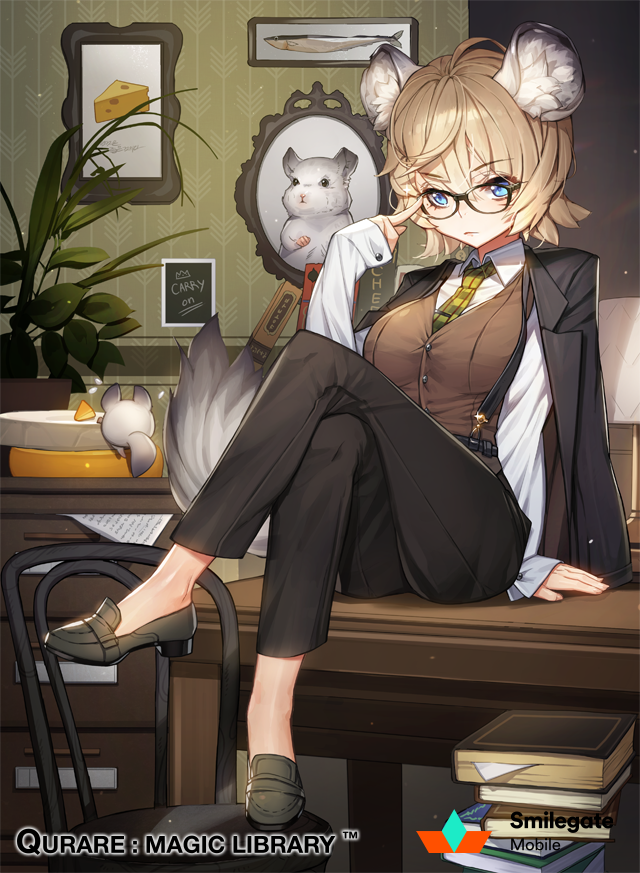1girl, ahoge, animal_ears, black-framed_glasses, blonde_hair, blue_eyes, book, book_stack