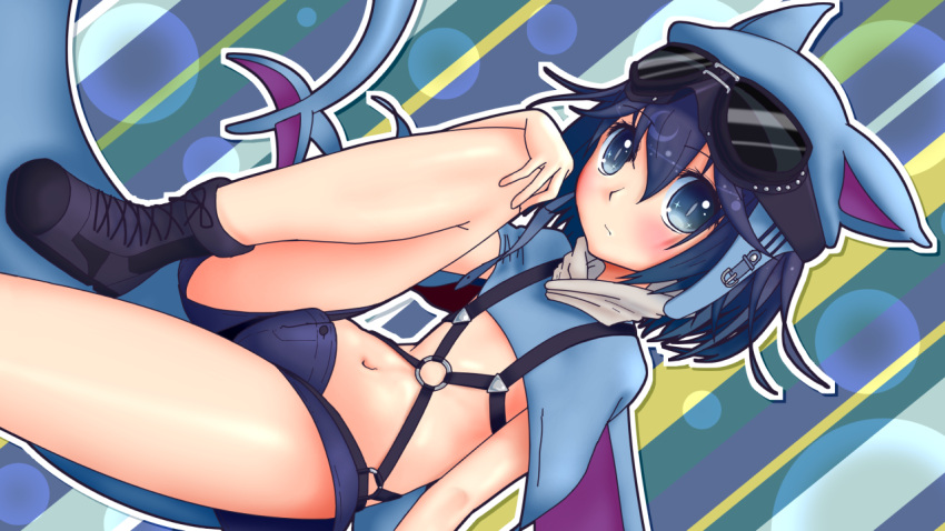 1girl, blue_eyes, blue_hair, bonnet, cute_fishron, flat_chest, hat, liczka, looking_at_viewer, midriff, mob_cap, monster_girl, navel, personification, short_hair, solo, tail, terraria, wings