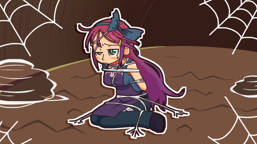 1girl, annoyed, blue_eyes, blush, breasts, entangled, hair_ornament, hairband