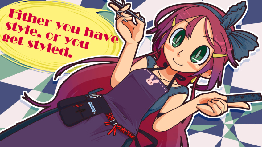1girl, apron, bangs, breasts, comb, green_eyes, hair_ornament, hairband