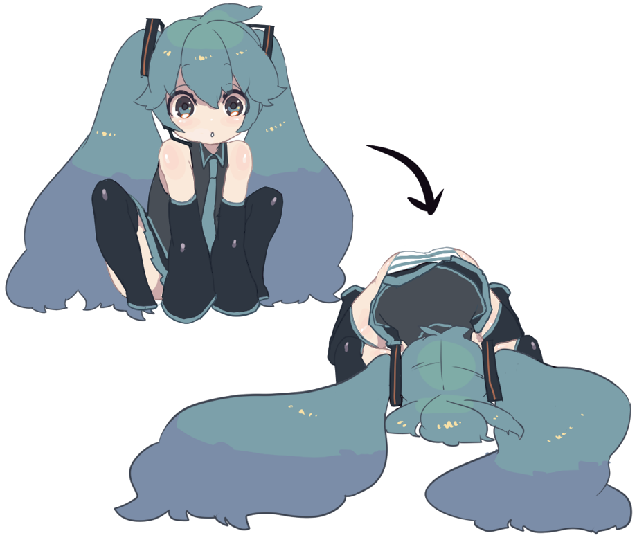 aqua_hair, detached_sleeves, falling, hatsune_miku, headphones, headset, long_hair, orz