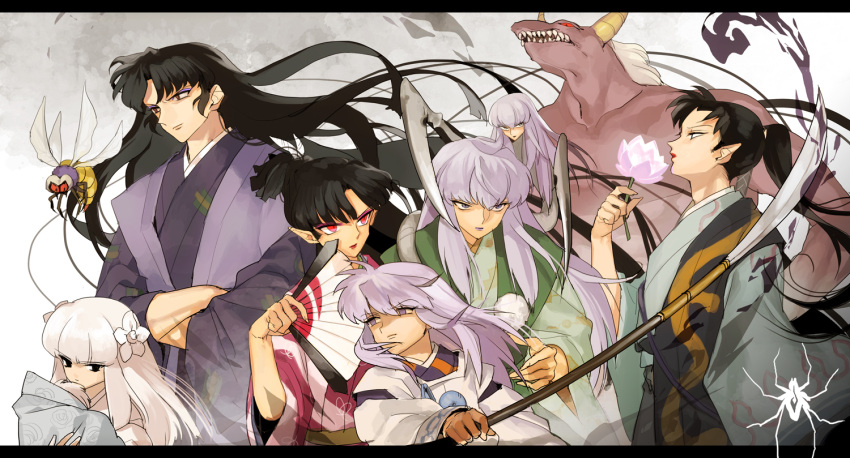 2girls, 4boys, baby, black_hair, byakuya_(inuyasha), creature, crossed_arms, fan