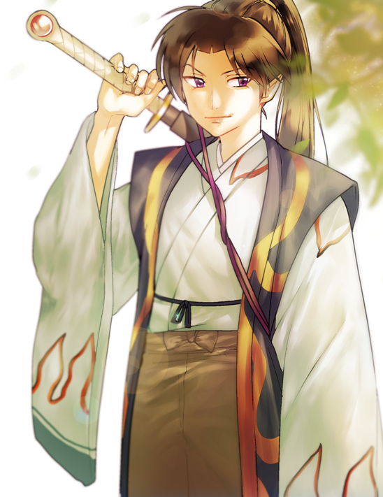 1boy, blurry, brown_hair, byakuya_(inuyasha), depth_of_field, high_ponytail, inuyasha, japanese_clothes