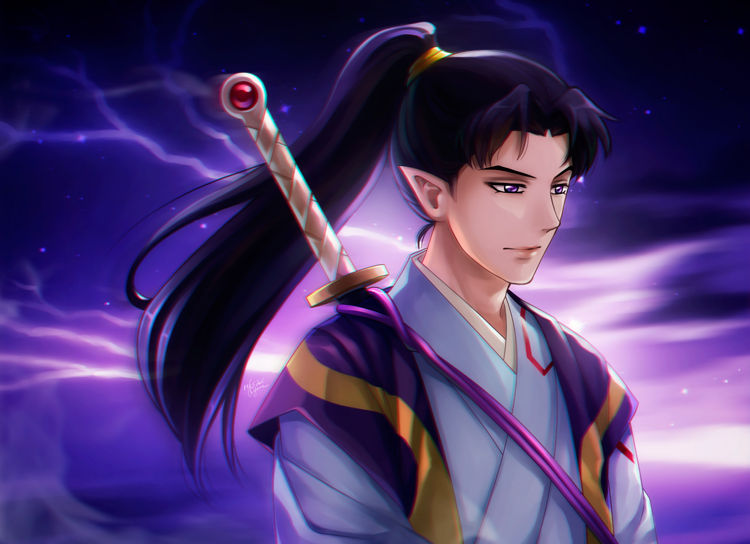 1boy, black_hair, byakuya_(inuyasha), demon_boy, elena_ivlyushkina, high_ponytail, inuyasha, japanese_clothes, long_hair, male_focus, pointy_ears, ponytail, purple_background, purple_ribbon, ribbon, solo, sword, upper_body, violet_eyes, weapon