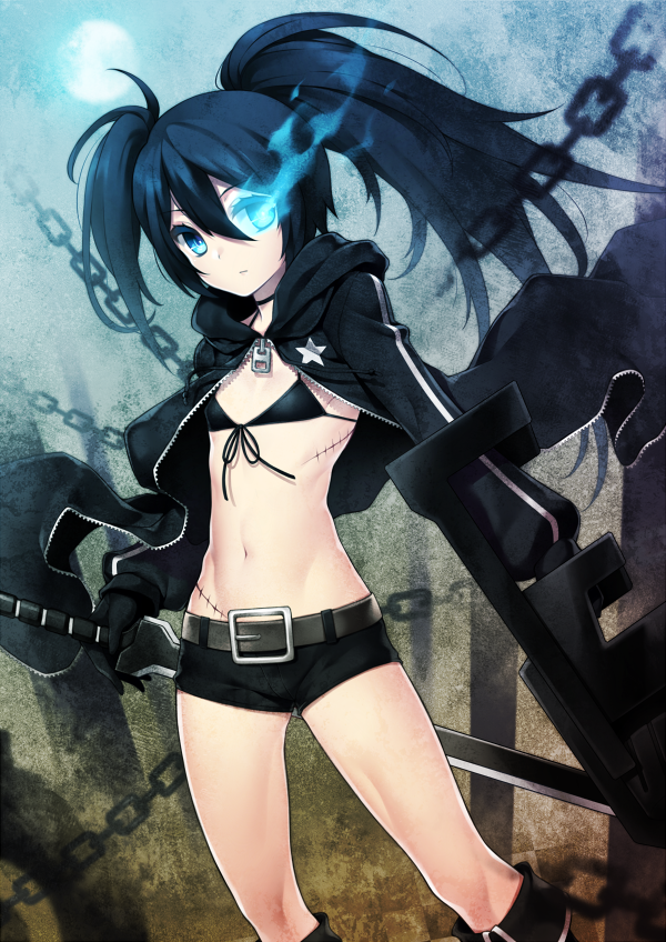 1girl, belt, bikini, black_bikini, black_gloves, black_hair, black_rock_shooter, black_rock_shooter_(character)