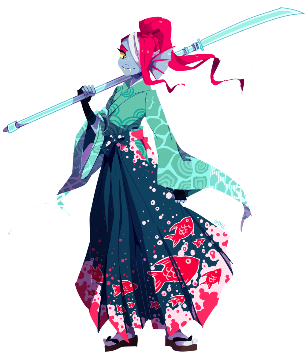 1girl, alternate_costume, aryll_(marbles), bandage_over_one_eye, blue_skin, eyeshadow, fangs, fingerless_gloves