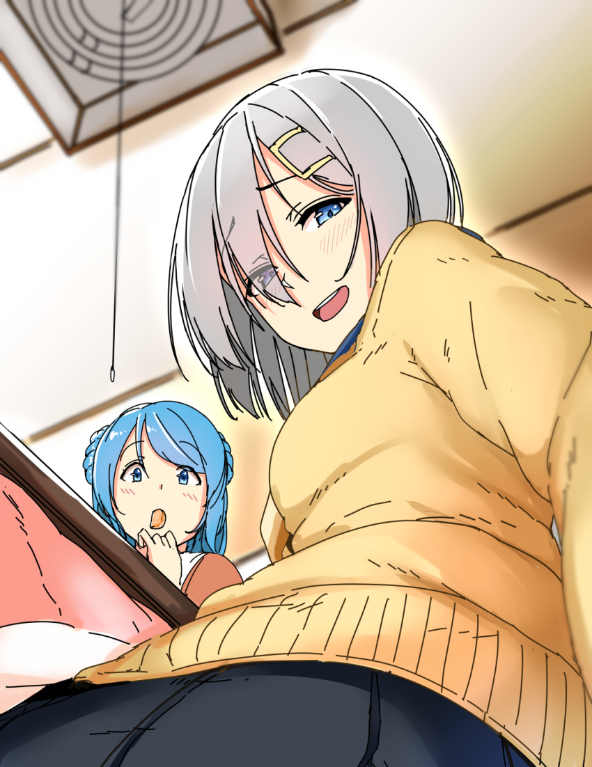2girls, blue_eyes, blue_hair, blush, breasts, ceiling, ceiling_light, chizurusou_(tiduru_39)