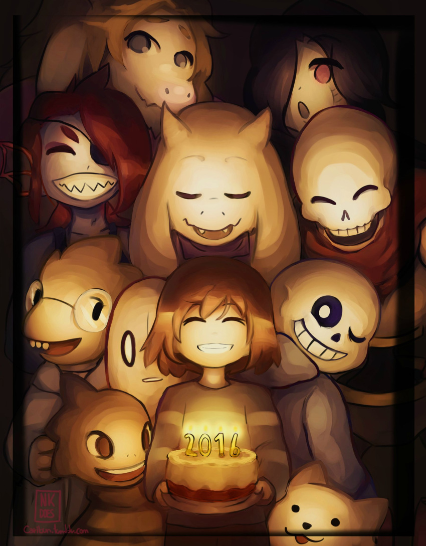 2016, 3girls, 4boys, alphys, androgynous, android, annoying_dog, armor, asgore_dreemurr, black_hair, blonde_hair, blue_eyes, blue_skin, brown_eyes, brown_hair, cake, candle, caribun, closed_eyes, dog, eyepatch, fangs, food, frisk_(undertale), ghost, grin, hair_over_one_eye, highres, hoodie, horns, mettaton, mettaton_ex, monster_boy, monster_girl, monster_kid_(undertale), multiple_boys, multiple_girls, napstablook, one_eye_closed, open_mouth, papyrus_(undertale), ponytail, redhead, robot, sans_(undertale), scarf, sharp_teeth, shirt, short_hair, skeleton, smile, striped, striped_shirt, toriel, undertale, undyne, violet_eyes, watermark, web_address, yellow_skin