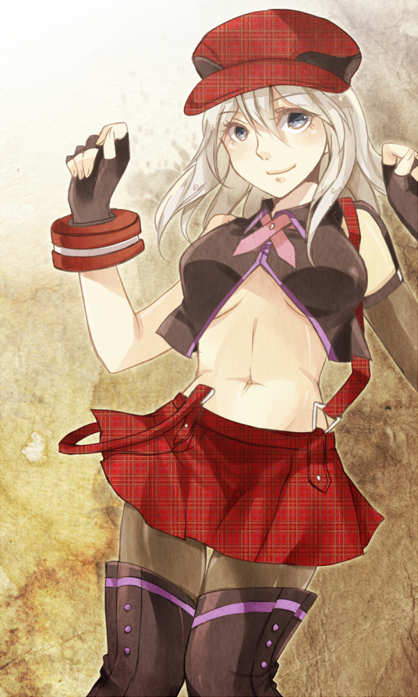1girl, alisa_ilinichina_amiella, blue_eyes, boots, breasts, elbow_gloves, fingerless_gloves, gloves, god_eater, god_eater_burst, hat, long_hair, looking_at_viewer, moonku, navel, pantyhose, silver_hair, skirt, smile, solo, suspender_skirt, suspenders, thigh-highs, thigh_boots, under_boob, white_hair