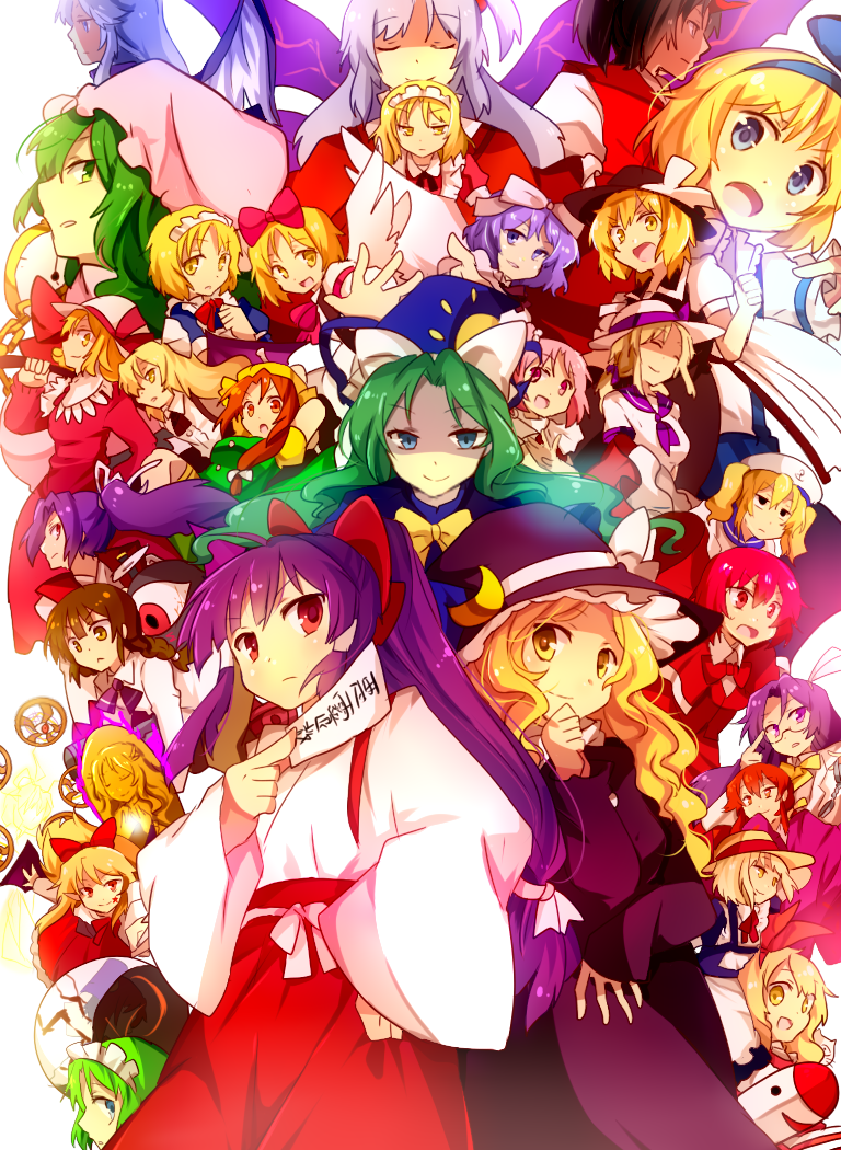6+girls, alice_margatroid, alice_margatroid_(pc-98), asakura_rikako, blonde_hair, bow, brown_eyes, brown_hair, closed_eyes, elly, gengetsu, glasses, green_eyes, green_hair, hakurei_reimu, hakurei_reimu_(pc-98), hat, hat_bow, kana_anaberal, kazami_yuuka, kazami_yuuka_(pc-98), kikuri_(touhou), kirisame_marisa, kirisame_marisa_(pc-98), kitashirakawa_chiyuri, kongara, kotohime, lavender_hair, luize, mai_(touhou), maid, maid_headdress, matryoshka_(borscht), meira, mima, mimi-chan, mugetsu_(touhou), multiple_girls, okazaki_yumemi, orange_(touhou), purple_hair, red_eyes, redhead, rika_(touhou), ruukoto, sariel, shaded_face, shinki, touhou, touhou_(pc-98), violet_eyes, white_hair, yellow_eyes, yuki_(touhou), yuugenmagan