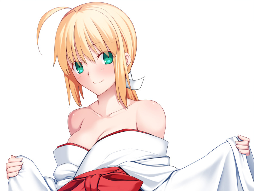 1girl, ahoge, aqua_eyes, bare_shoulders, blonde_hair, blush, branch, fate/stay_night
