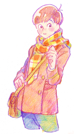 1boy, 720_72, :3, bag, blush, brown_hair, cowboy_shot, faux_traditional_media