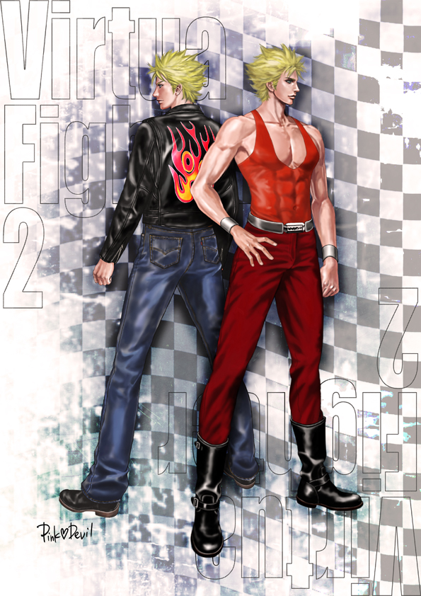 2boys, abs, alternate_costume, artist_name, back-to-back, blonde_hair, blue_eyes, boots