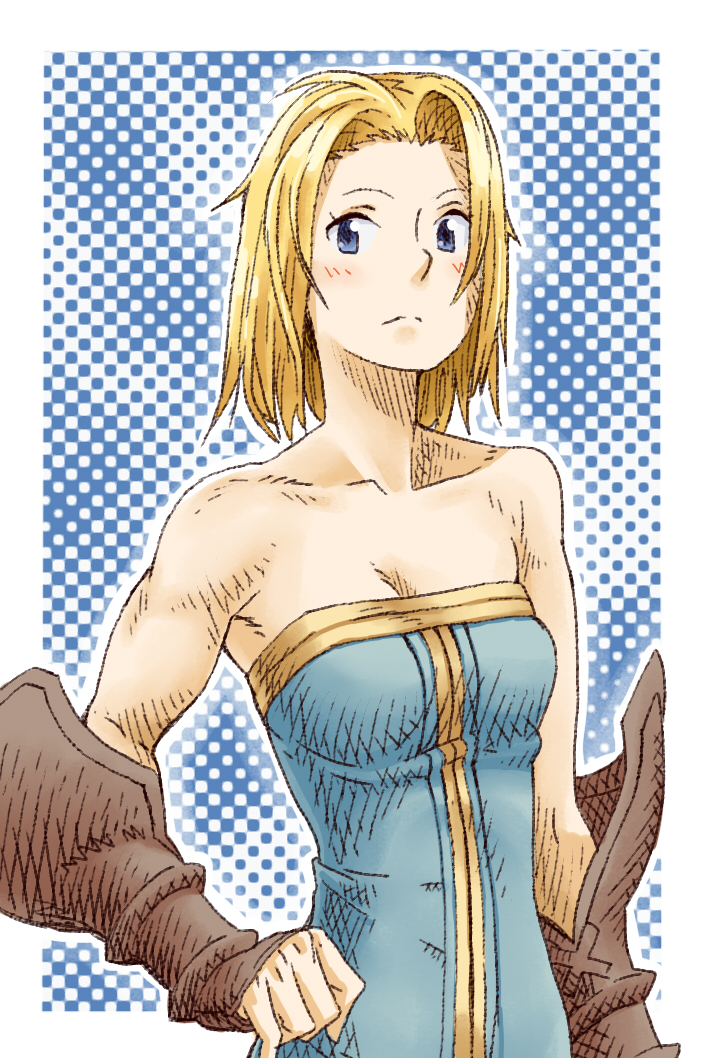 06erunium, 1girl, bare_shoulders, blonde_hair, blue_eyes, blush, brass_knuckles, breasts