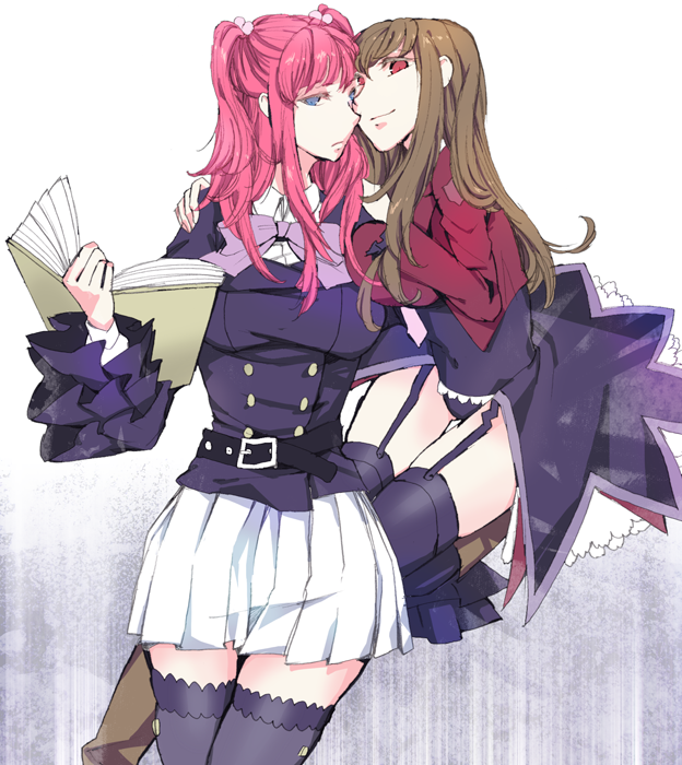 2girls, 7gou, belt, black_legwear, blue_eyes, book, bow, brown_hair