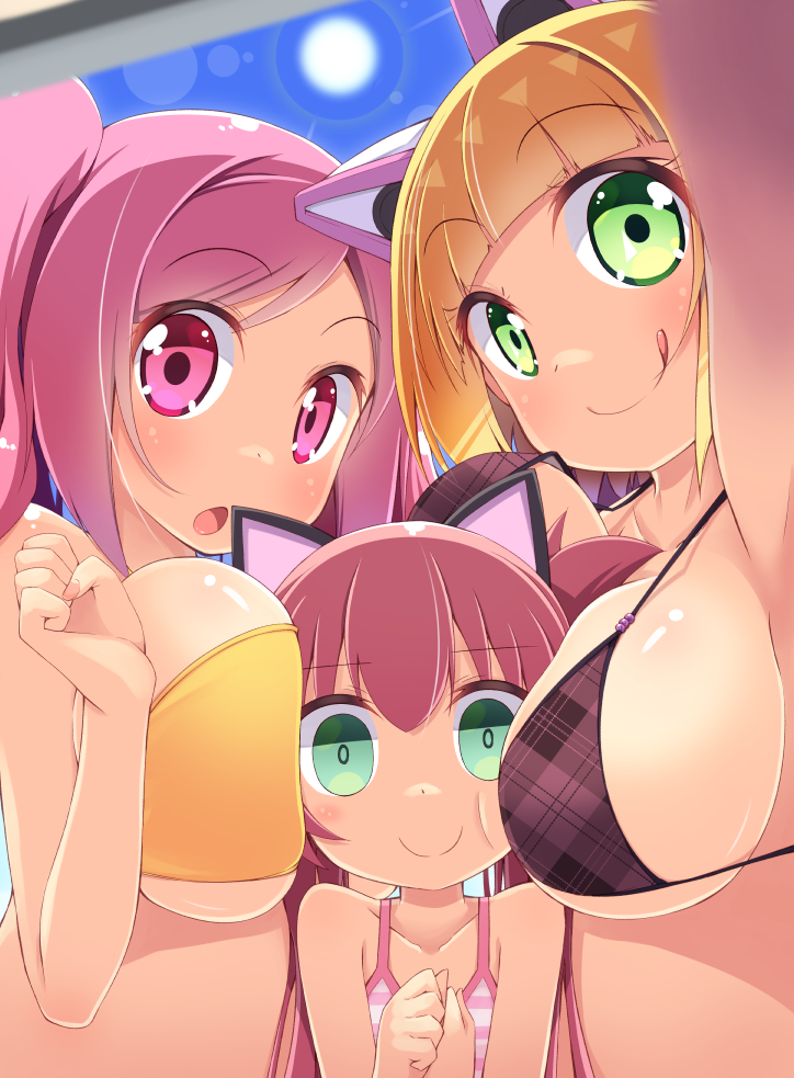 3girls, beatmania, beatmania_iidx, beatstream, bemani, bikini, bisco_(beatstream), blonde_hair, blush, breast_envy, breasts, green_eyes, hirose_madoka, large_breasts, licking_lips, looking_at_viewer, multiple_girls, nagisa_(bemani), open_mouth, pink_eyes, pink_hair, plaid, plaid_bikini, rasis, self_shot, sound_voltex, swimsuit, tongue, tongue_out