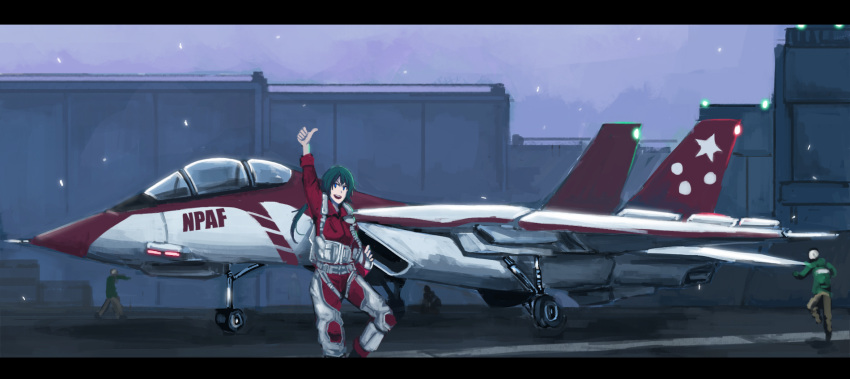 1girl, airplane, bodysuit, f-14, fighter_jet, green_hair, helmet, highres