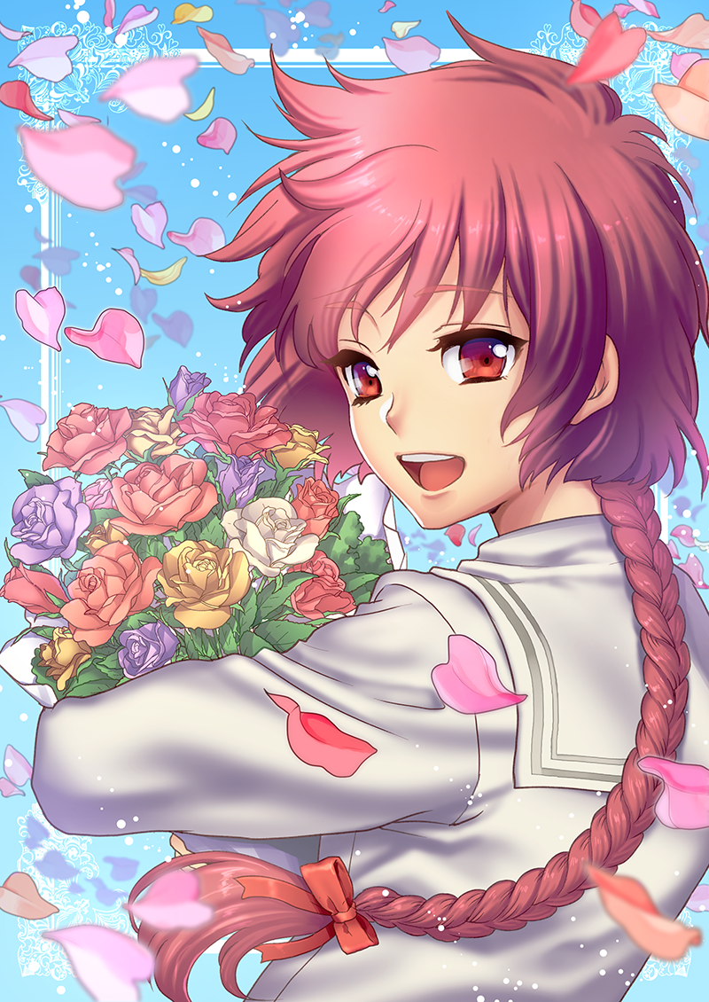 1girl, :d, blue_background, bouquet, bow, braid, d-red, flower, hair_bow, long_hair, looking_at_viewer, magic_knight_rayearth, open_mouth, petals, purple_rose, red_bow, red_eyes, red_rose, redhead, rose, shidou_hikaru, single_braid, smile, solo, upper_body, white_rose, yellow_rose