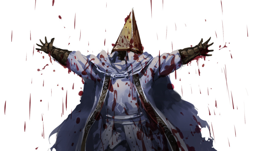 1boy, alfred_(bloodborne), blood, bloodborne, cape, gloves, highres, outstretched_arms