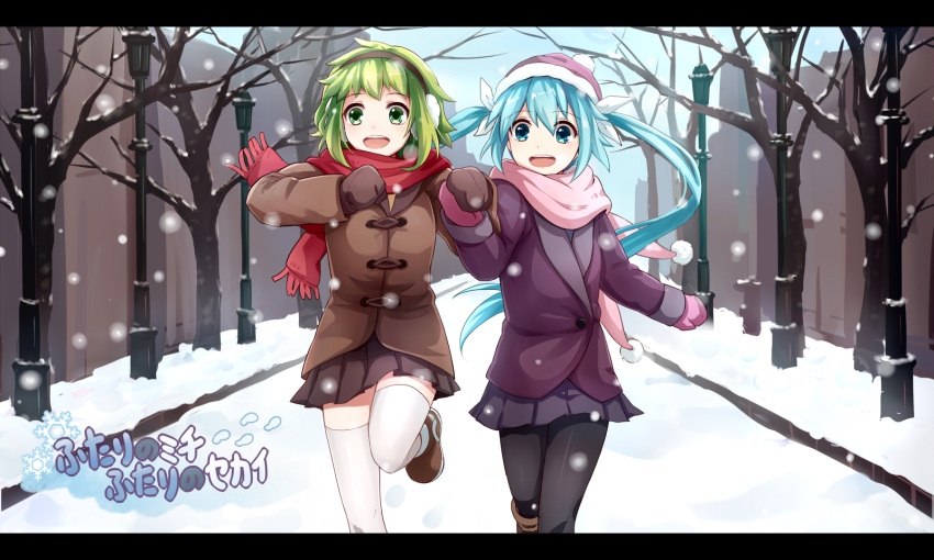 2girls, aqua_eyes, aqua_hair, coat, copyright_name, earmuffs, green_eyes, green_hair