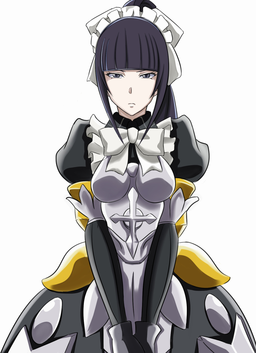 1girl, armor, armored_dress, black_eyes, black_hair, cross, frown, high_ponytail