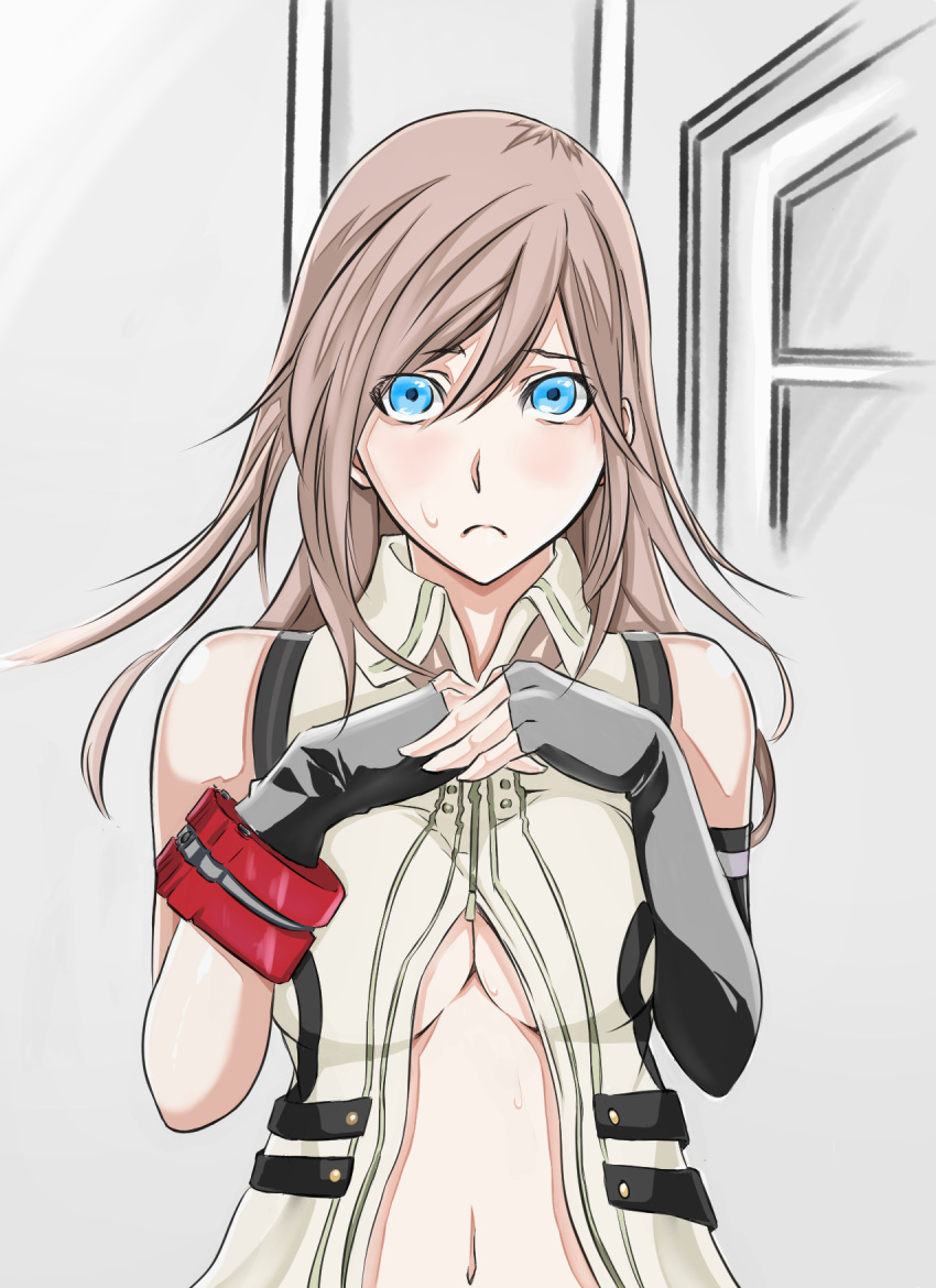 1girl, alisa_ilinichina_amiella_(cosplay), asymmetrical_clothes, blue_eyes, bracelet, breasts, brown_hair, cleavage