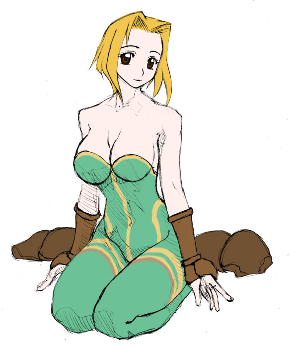 1girl, bare_shoulders, blonde_hair, brass_knuckles, breasts, cleavage, final_fantasy, final_fantasy_tactics, gauntlets, gloves, large_breasts, misairu_oppai, monk_(fft), short_hair, sitting, solo, unitard, wariza, weapon, white_background