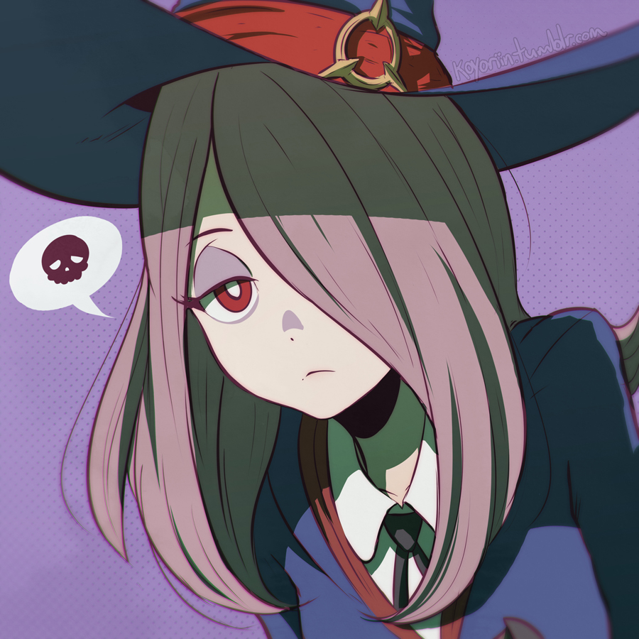1girl, clockwork-cadaver, hair_over_one_eye, hat, little_witch_academia, long_hair, necktie, purple_hair