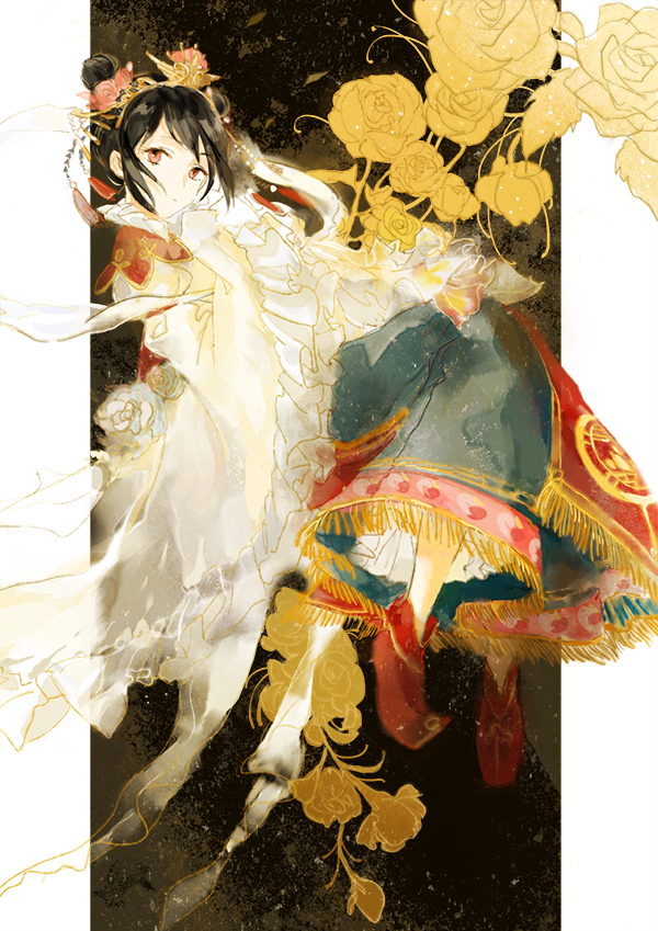 1girl, bangs, black_hair, chairlog, chinese_clothes, double_bun, dress, expressionless
