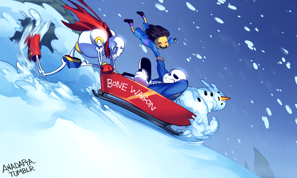 2boys, anadapta, androgynous, artist_name, boots, cape, child, frisk_(undertale), holding_hands, motion_blur, multiple_boys, papyrus_(undertale), pine_tree, purple_hair, sans_(undertale), skeleton, sled, sledding, snow, snowman, tree, undertale