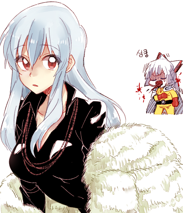 2girls, alternate_costume, blue_hair, bow, cape, coughing_blood, dress, fubuki_(one-punch_man), fubuki_(one-punch_man)_(cosplay), fujiwara_no_mokou, hair_bow, kamishirasawa_keine, long_hair, multiple_girls, no_hat, onepunch_man, pom_poms, red_eyes, ribbon, saitama_(onepunch_man), saitama_(onepunch_man)_(cosplay), silver_hair, six_(fnrptal1010), touhou, very_long_hair