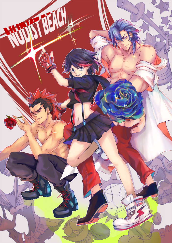 bandaid, bandaid_on_nose, black_hair, blue_eyes, blue_hair, blue_rose, boots, fingerless_gloves