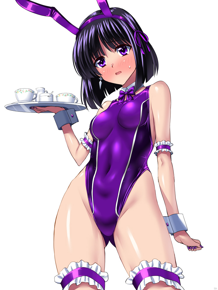 1girl, animal_ears, arm_at_side, arm_garter, ass_visible_through_thighs, bangs, bishoujo_senshi_sailor_moon, black_hair, blush, bow, bunnysuit, competition_swimsuit, covered_navel, cowboy_shot, cup, fake_animal_ears, full-face_blush, garters, hair_ribbon, holding_tray, looking_at_viewer, nail_polish, one-piece_swimsuit, purple_bow, purple_bowtie, purple_hair, purple_nails, purple_ribbon, purple_swimsuit, rabbit_ears, ribbon, sen_(sansui), short_hair, simple_background, solo, sweatdrop, swimsuit, teacup, tomoe_hotaru, tray, violet_eyes, white_background, wrist_cuffs