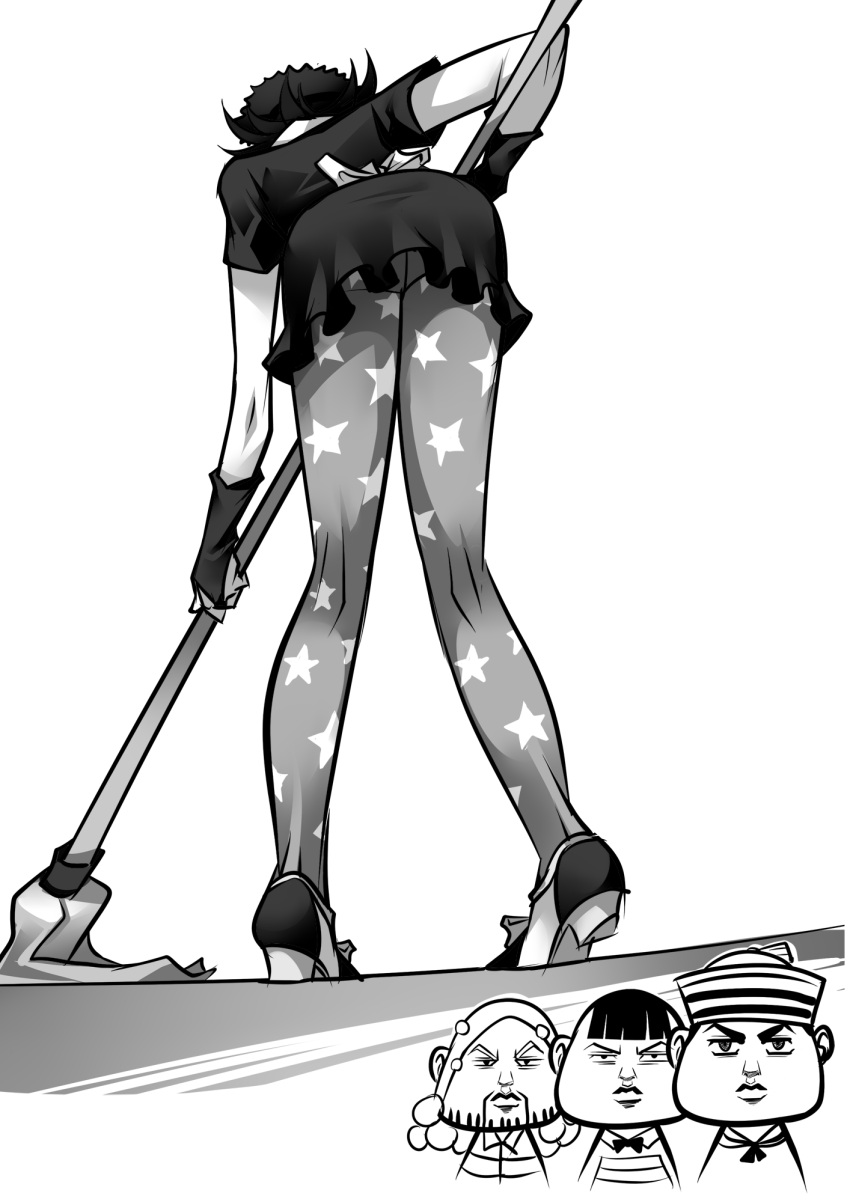 ass, beard, bent_over, bowtie, chibi_inset, cleaning, dixie_cup_hat, facial_hair