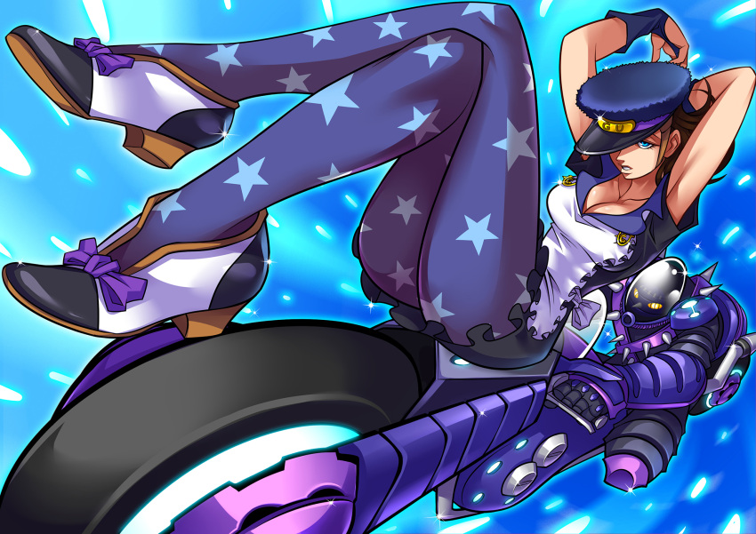 1girl, arms_behind_head, blue_eyes, born_this_way_(stand), breasts, brown_hair, cleavage, fingerless_gloves