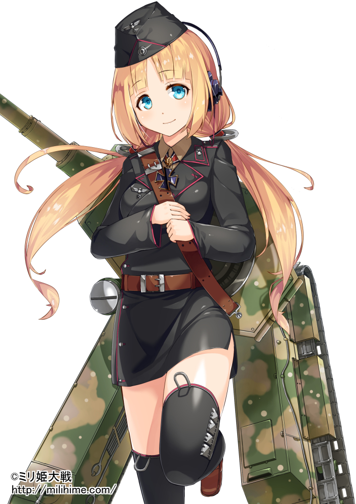 1girl, blonde_hair, blue_eyes, headphones, long_hair, meth_(emethmeth), milihime_taisen, military