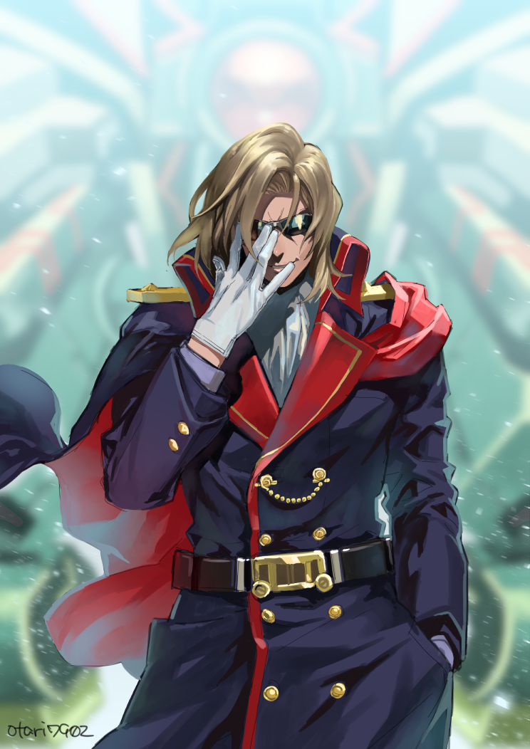 1boy, belt, brown_hair, cannon_dancer, cannons_(cannon_dancer), cape, gloves, indesign, long_coat, long_hair, strider_(video_game), sunglasses