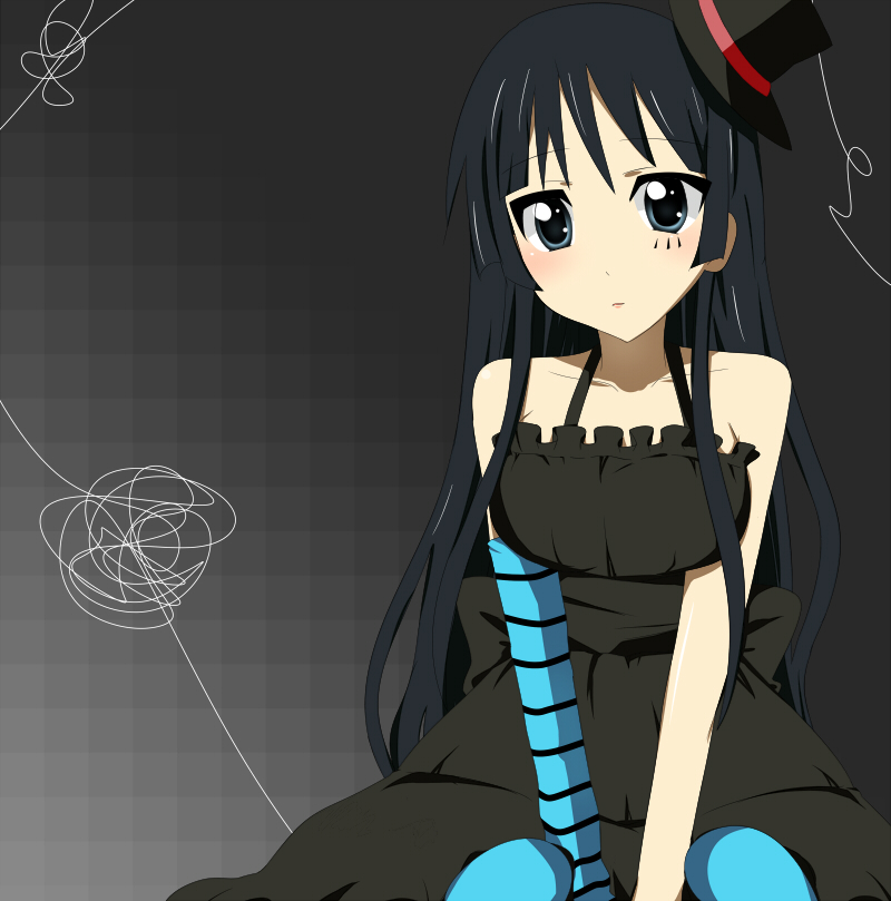1girl, akiyama_mio, bare_shoulders, black, black_eyes, black_hair, blue_legwear, breasts
