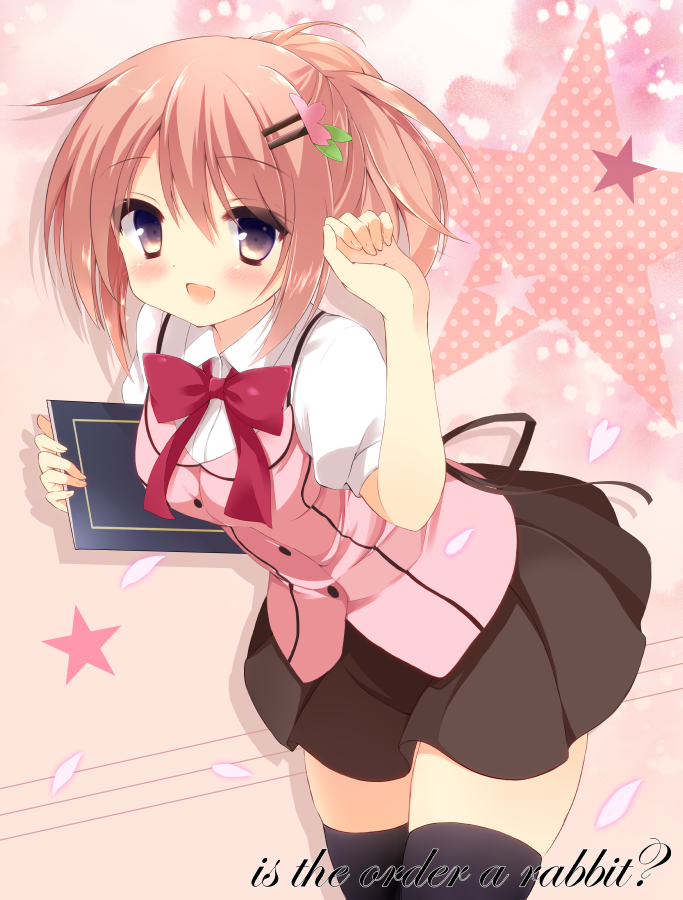 1girl, alternate_hairstyle, black_legwear, blush, breasts, brown_hair, brown_skirt, buttons, copyright_name, dan_ball, english, gochuumon_wa_usagi_desu_ka?, hair_ornament, hairclip, hot_chocolate, hoto_cocoa, leaning_forward, looking_at_viewer, menu, neck_ribbon, open_mouth, red_ribbon, ribbon, short_hair, short_sleeves, skirt, smile, solo, star, thigh-highs, violet_eyes, zettai_ryouiki