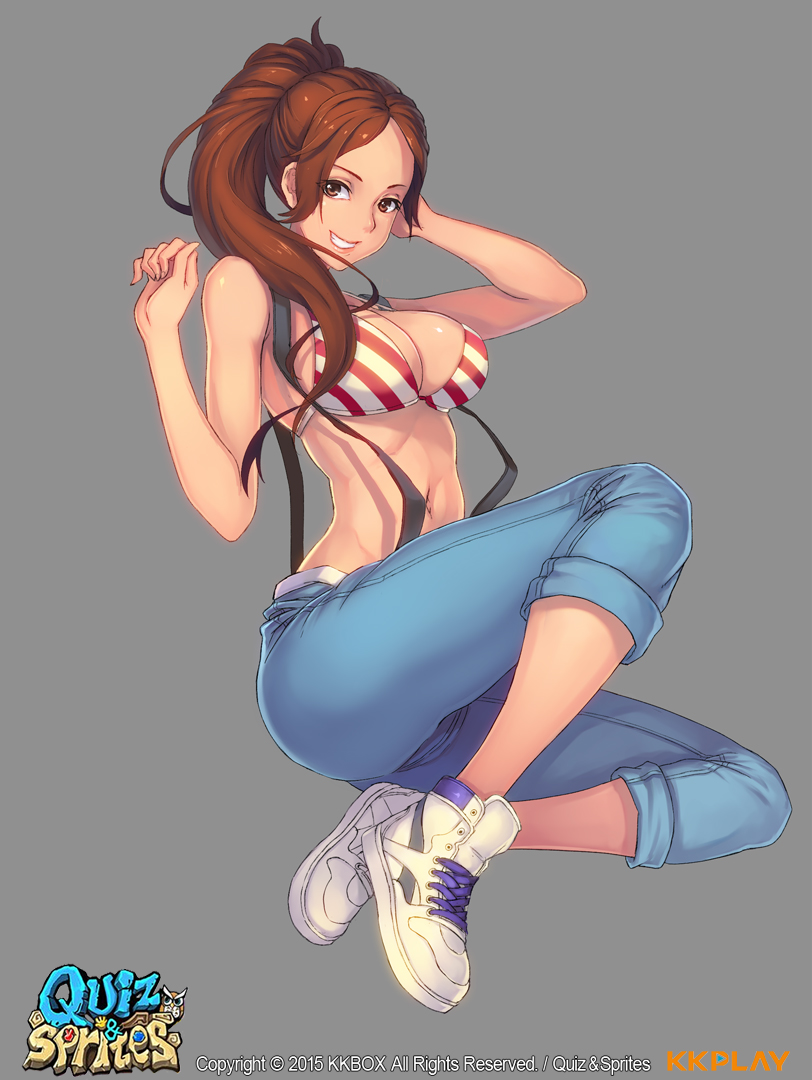 1girl, arm_behind_back, bangs, bare_shoulders, bikini, bikini_top, breasts, brown_eyes, brown_hair, collarbone, colored_eyelashes, denim, grin, jeans, large_breasts, lips, long_hair, midriff, navel, original, othel_(hatimorris), pants, parted_bangs, ponytail, smile, solo, striped, striped_bikini, striped_swimsuit, swimsuit
