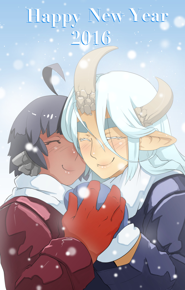 2016, 2girls, ahoge, black_hair, blush, closed_eyes, coat, dark_skin