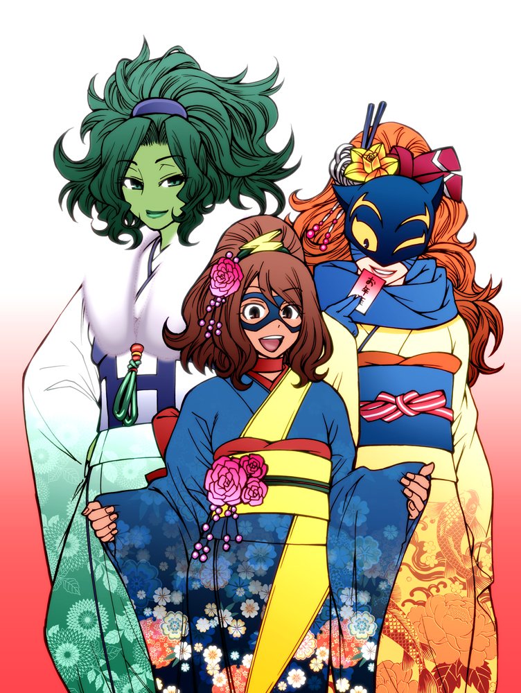 adapted_costume, brown_hair, domino_mask, flower, green_skin, hair_flower, hair_ornament, hellcat_(patsy_walker)