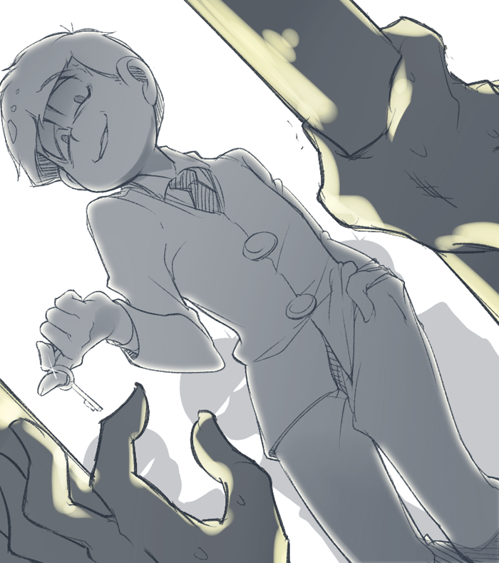 1boy, backlighting, cage, dutch_angle, formal, hand_in_pocket, key, male_focus