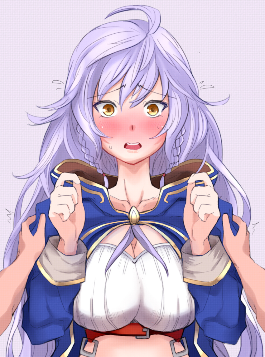 1girl, ahoge, amidatto, blush, braid, breasts, cleavage_cutout, embarrassed